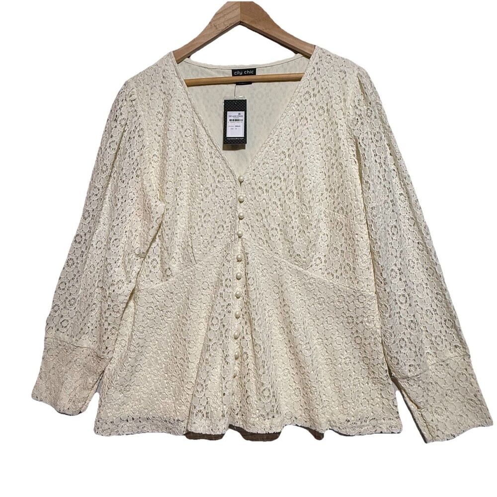 City Chic NWT Cream Lace Button Front Lined Feminine Babydoll Blouse Top Size 16